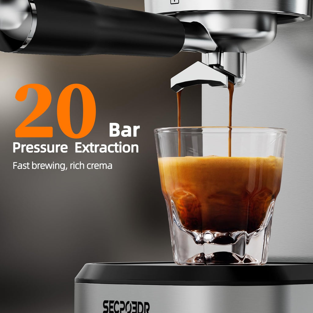 20 Bar Compact Espresso Machine with Pressure Gauge, Stainless Steel Espresso Maker with Milk Frother, Coffee Machine