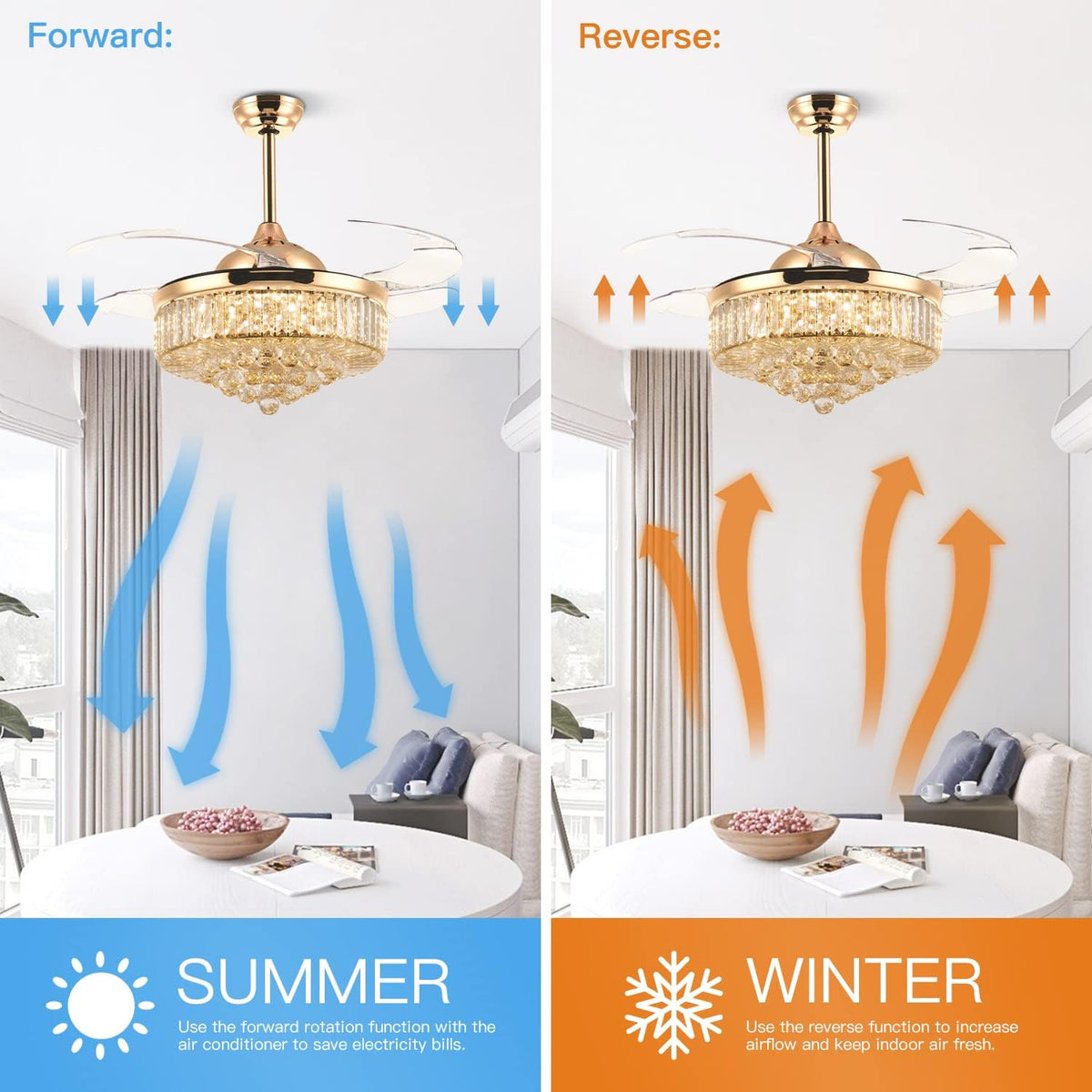 Gold Crystal Retractable Ceiling Fan with Light & Remote