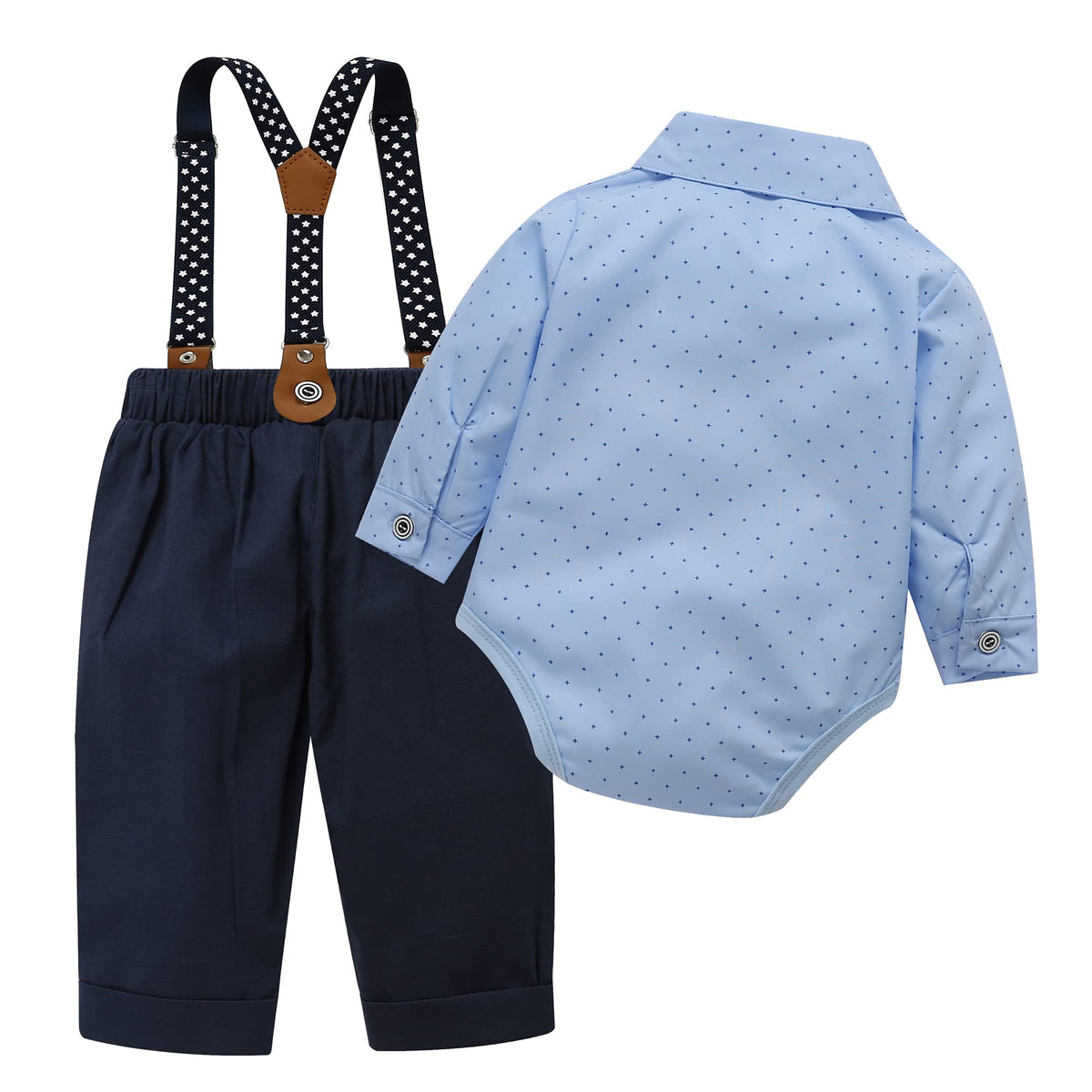 Baby Toddler Boy Formal Gentleman Suits,Dress Long Sleeve Blue Shirt With Bowtie+Suspender Pants Dressy Outfit