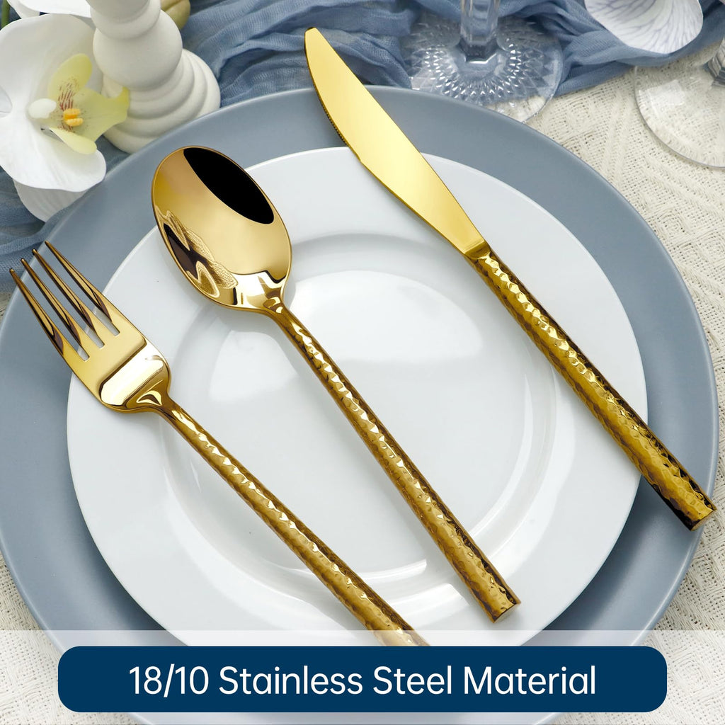 Gold Silverware 18/10 Stainless Steel 60-Piece Mirror Polsihing Flatware Round Hammered Cutlery Set Service for 12