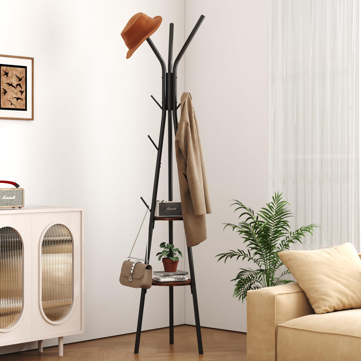 Coat Rack, Coat Hanger Stand with 2 Shelves, Freestanding Hall Tree, Metal Hat Hanger with 12 Hooks for Clothes Hats