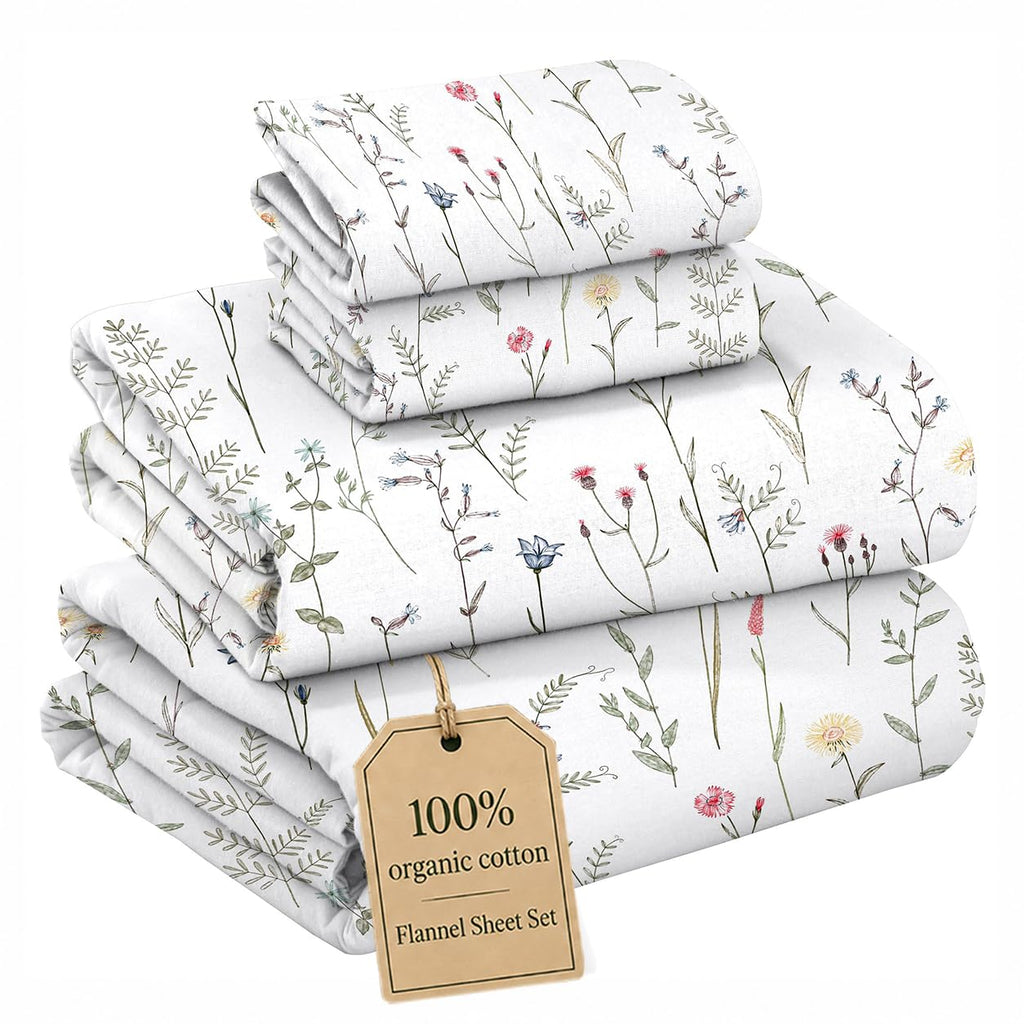 100% Organic Cotton Flannel Sheets Bed Set, Linen Blooms