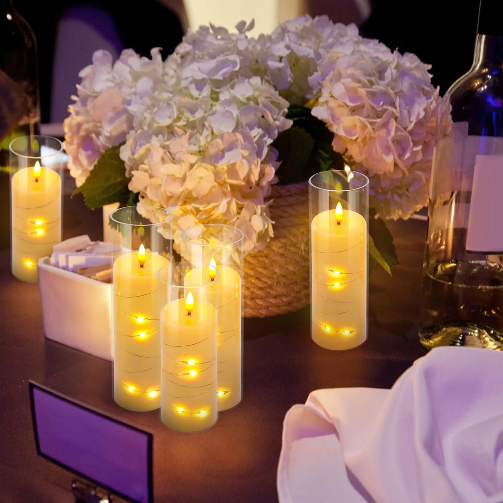 24 Pcs LED Flameless Candles with Remote, 3D Flickering Flame & LED String Lights, Acrylic Clear Cylinder, Timer