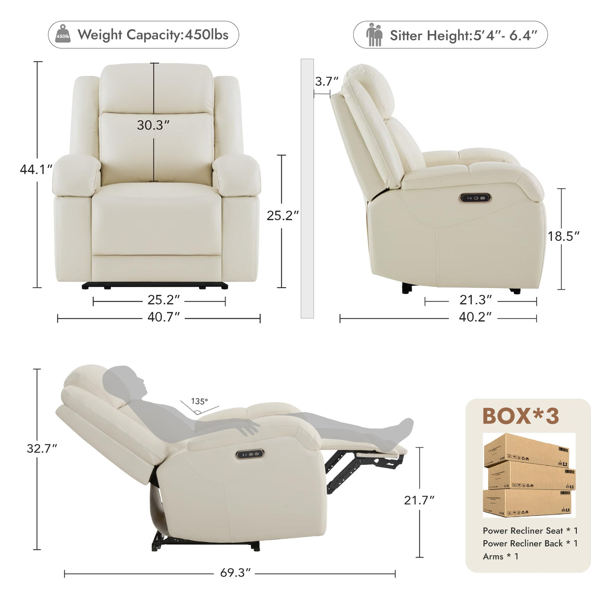 Oversized Genuine Leather Power Recliner Chair, Cream