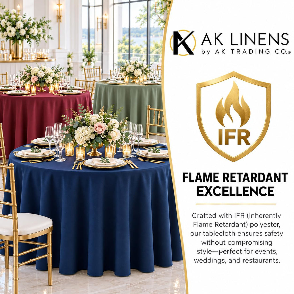 120-Inch Round Polyester Tablecloth, Made in USA, Wrinkle-Resistant & Flame Retardant Table Cover for Weddings