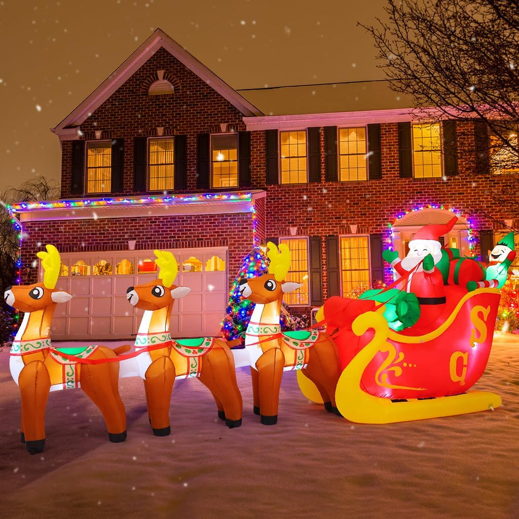 12 Ft Christmas Inflatable Reindeer cart Outdoor Decorations Blow Up Yard Three Deer Pulling a Sleigh and Santa Claus