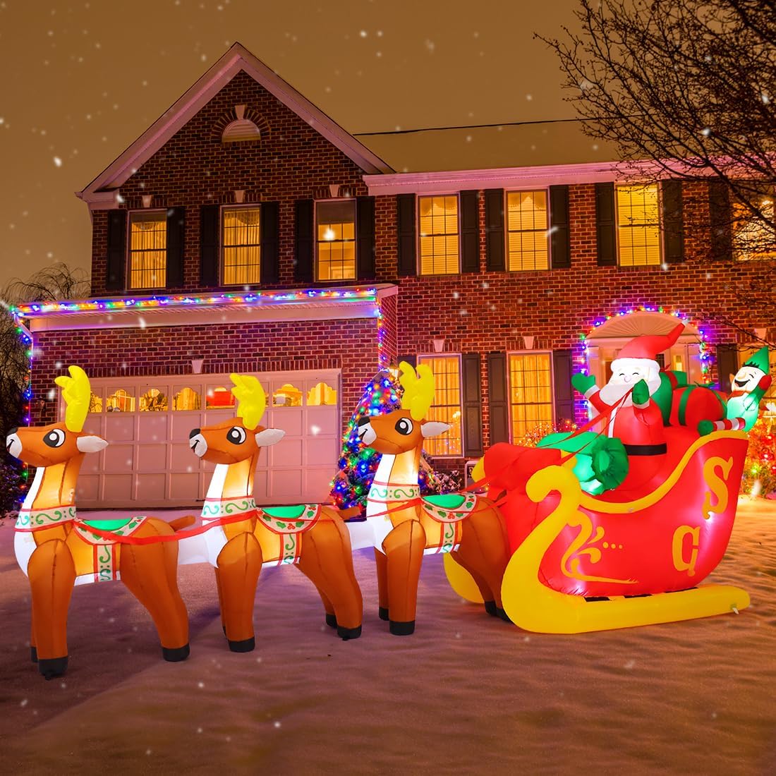 12 Ft Christmas Inflatable Reindeer cart Outdoor Decorations Blow Up Yard Three Deer Pulling a Sleigh and Santa Claus