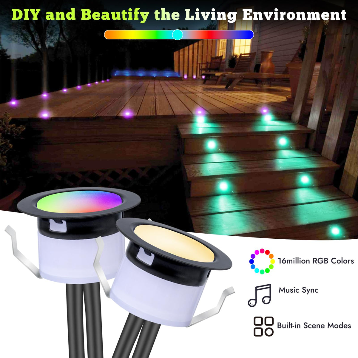 LED Deck Lights Kit, 10pcs Φ1.22 WiFi Smart Phone Control Low Voltage Recessed RGBW Deck Lighting Waterproof Outdoor
