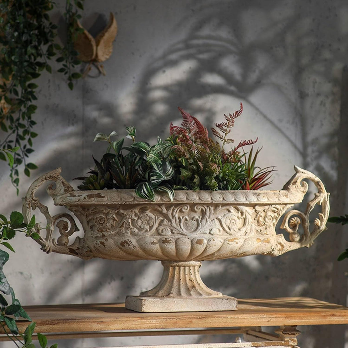 Decorative Vase Vintage Urn Planter with Embossed Floral Relief Pedestal Base Flower Pot Carved Scroll Handles