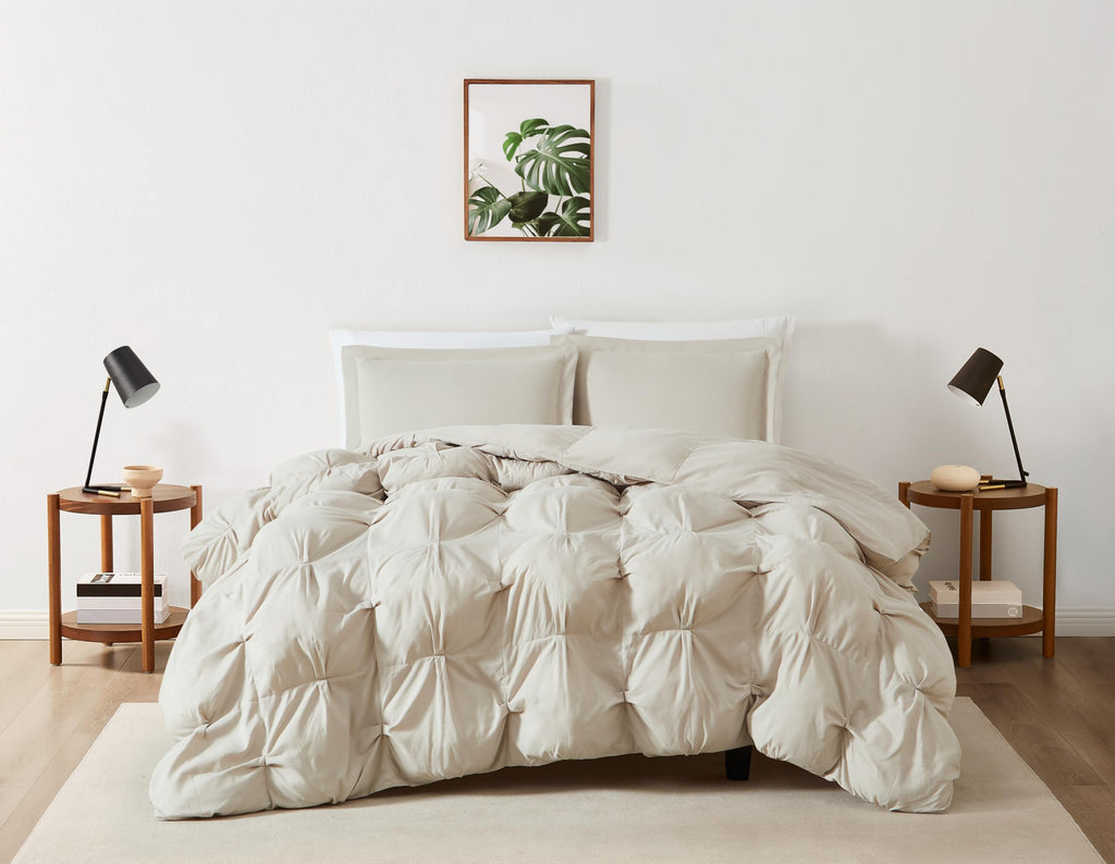 Cloud Puffer Beige Microfiber 3-Piece Comforter Set, Solid Themed, for Men and Women, Oeko-TEX Certified