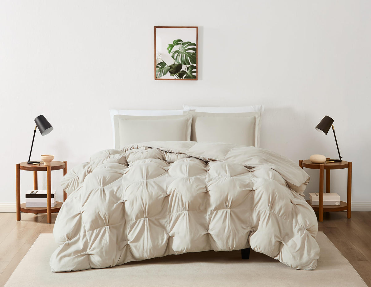 Cloud Puffer Beige Microfiber 3-Piece Comforter Set, Solid Themed, for Men and Women, Oeko-TEX Certified