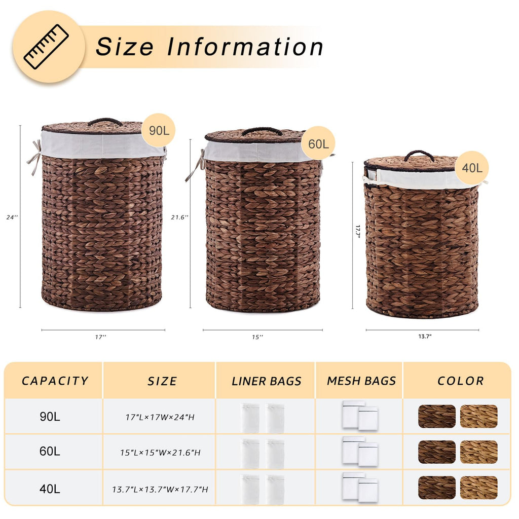 Round Water Hyacinth Laundry Hamper with Lid Handwoven Wicker Basket with Handles for Dirty Clothes, Storage, and