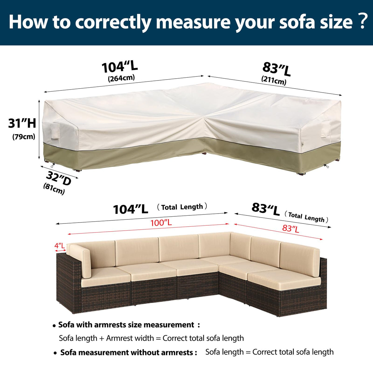 Outdoor Sectional Cover-L-Shaped Patio Furniture Covers Waterproof Rip-Stop Anti-UV 600D Heavy Duty Outdoor Couch