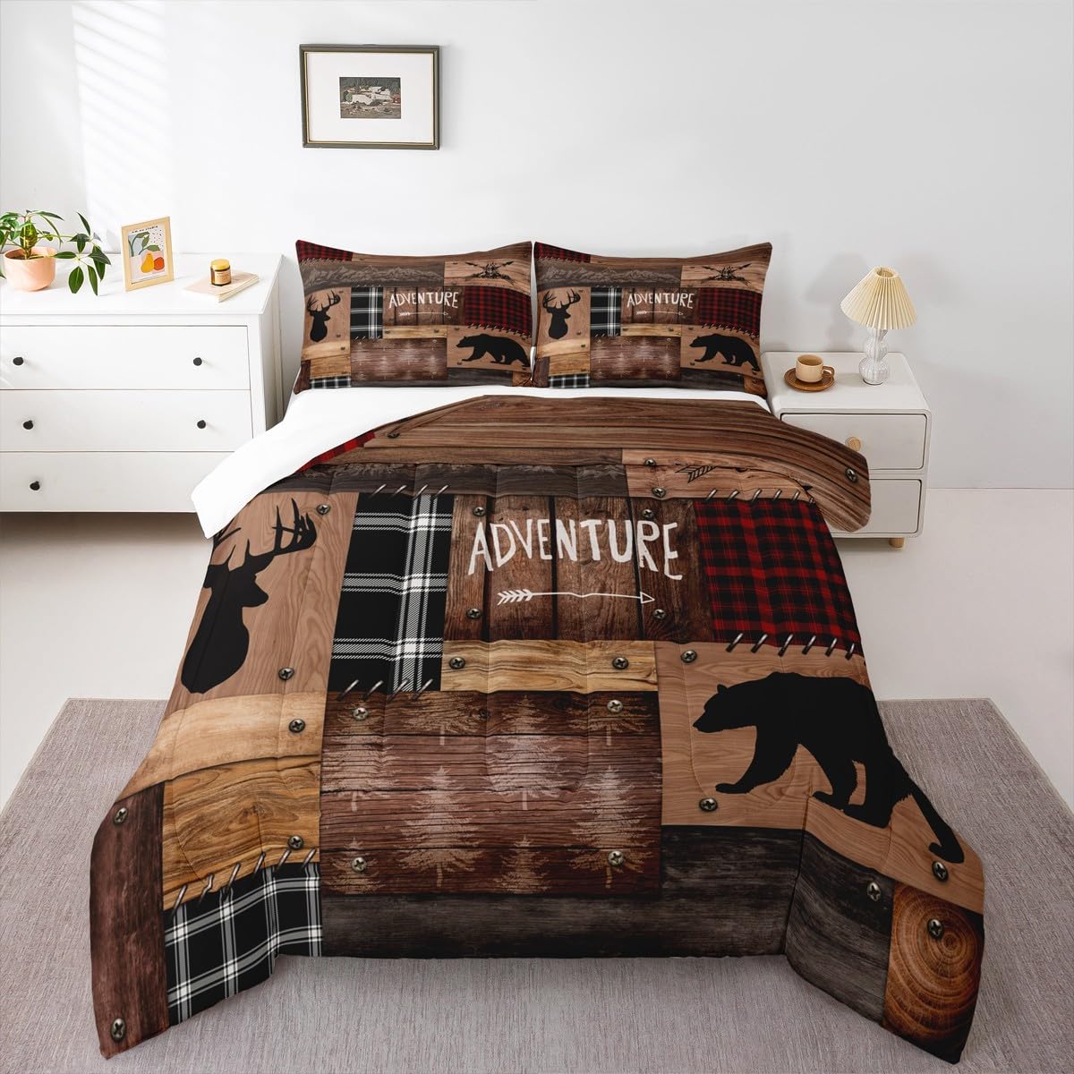 Cabin Comforter Set Brown Adventure Bear Quilt with 2 Pillowcases