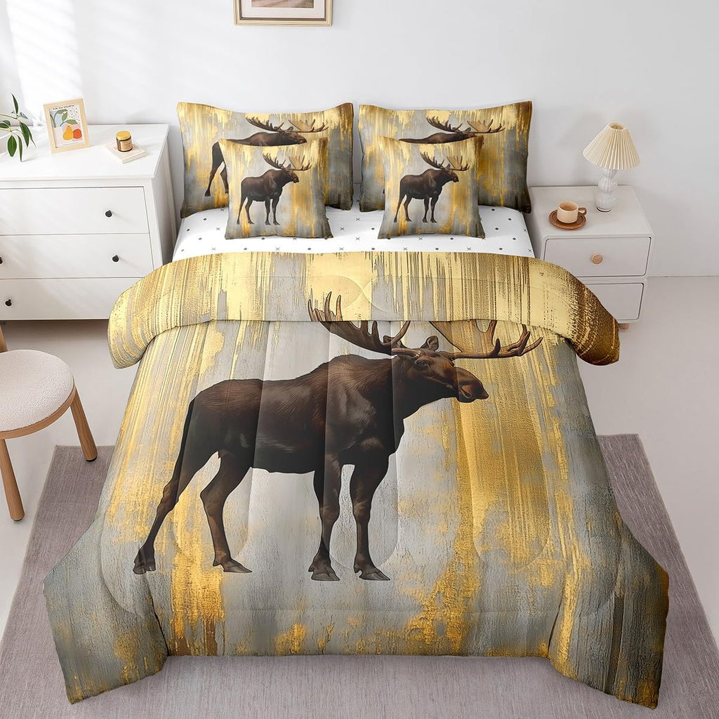 7 Piece Moose Comforter Set Rustic Woodland Wildlife Bedding Set Country Farmhouse Deer Bed in a Bag Old Golden