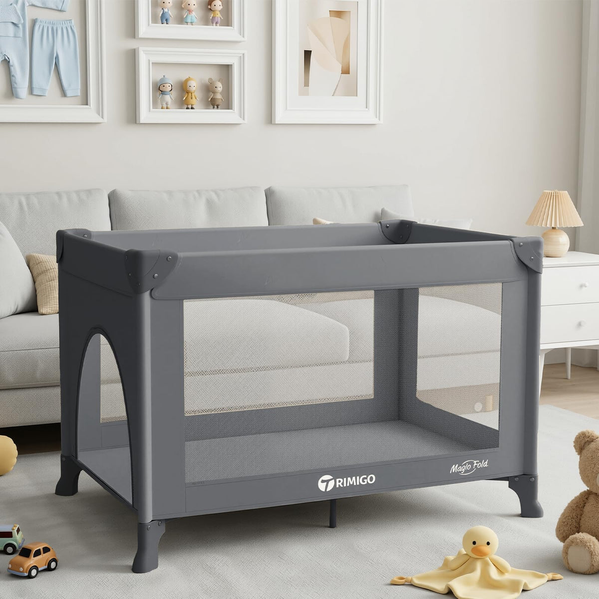 Portable Baby Playard& Playpen with Mattress, Travel Crib, Grey
