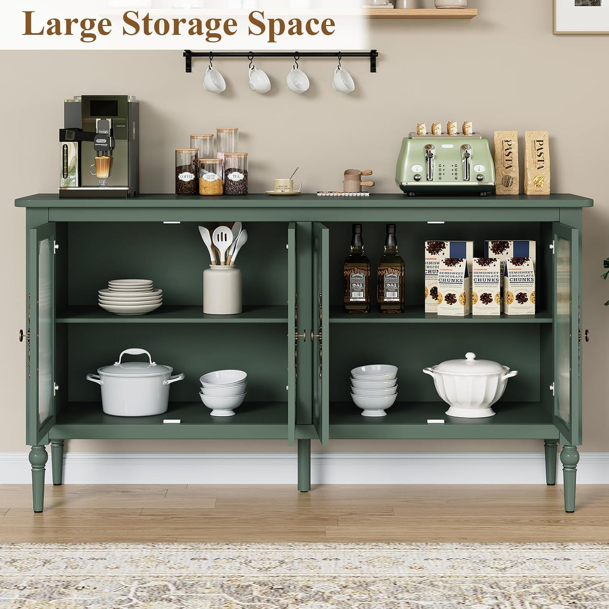 58" Sideboard Buffet Cabinet with Storage, Sideboard Cabinet, Green | Mid Century Storage Cabinet with Shelves and 4