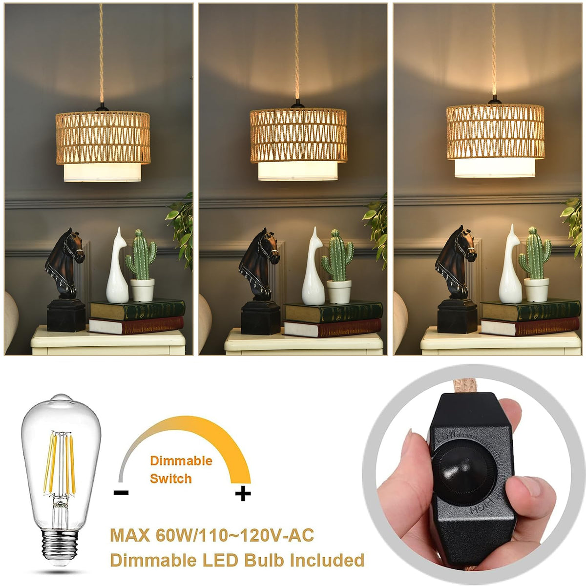 Boho Plug in Pendant Light Rattan Hanging Lights with Plug in Cord, Indoor Hanging Lamp with Dimmer Switch, Wicker