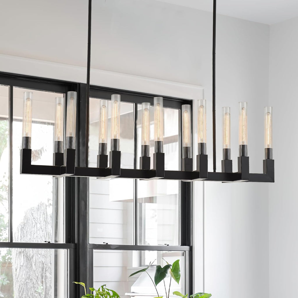 Inspired Cannele Style 54-inch Linear Dining Room Pendant Light Fixture with Glass Tube,Black Rectangular 12-Lights Industrial Kitchen Island Lighting Over Table(Included E26 Bulbs)