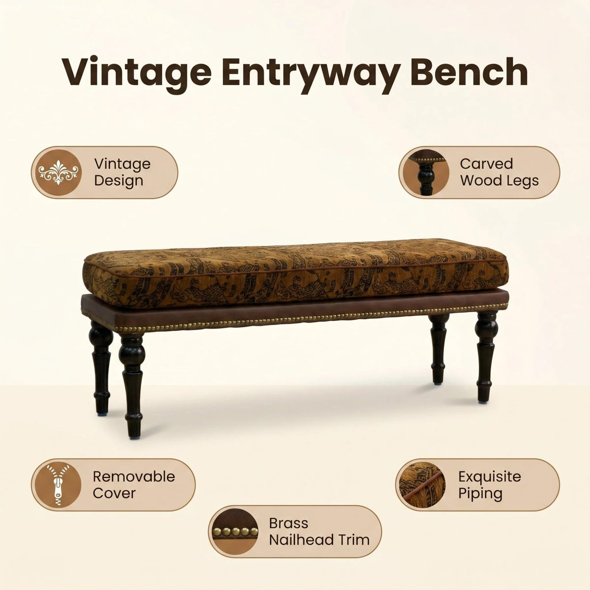 47" Upholstered Bed End Bench, Vintage Bed Bench