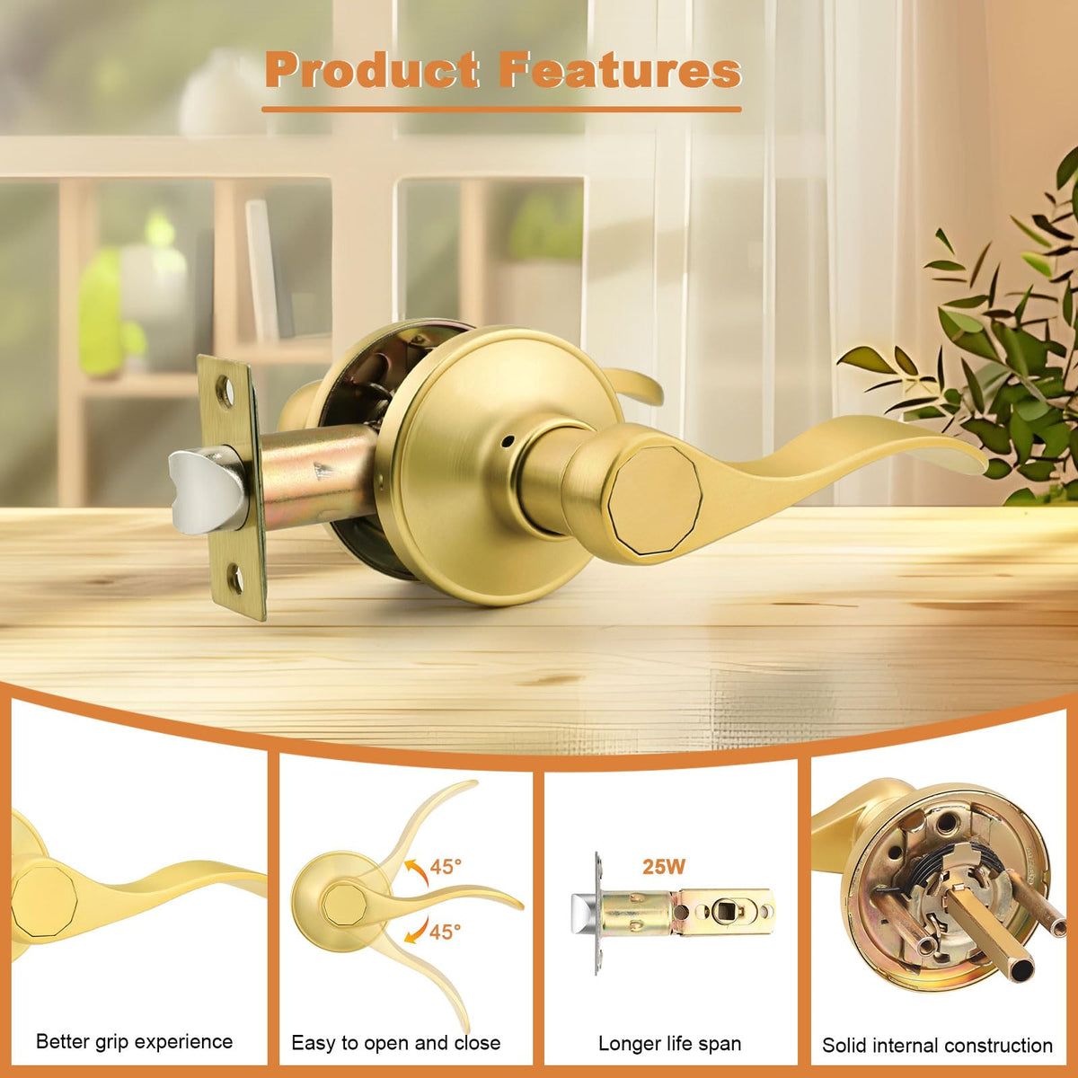 Gold Door Handles - Interior Passage Lever, Brushed Gold Closet Handles, Wave Style, 8 Pack