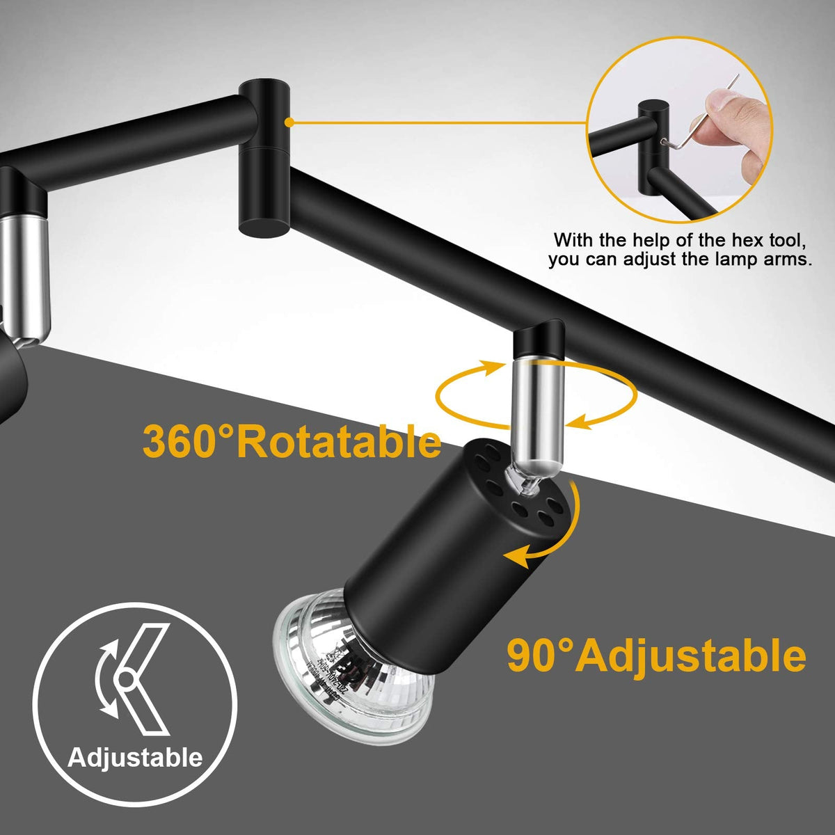 LED Track Lighting Kit, Flexibly Rotatable Light Heads, 6 Way Ceiling Spotlight Black Finish, Including 6