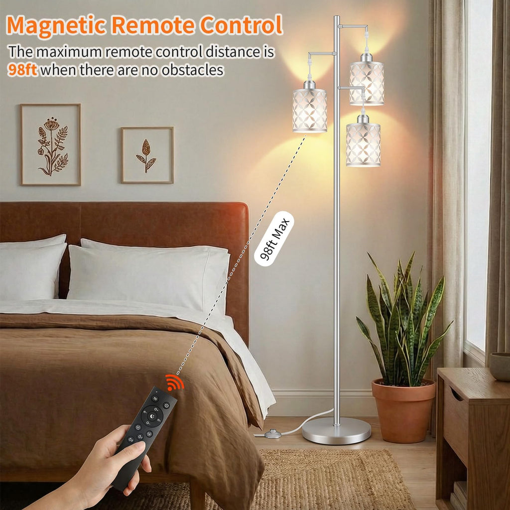 72" Dimmable Floor Lamp with Remote & Timer, Modern Minimalist Standing Lamp Bedroom, 3 Individually Controlled