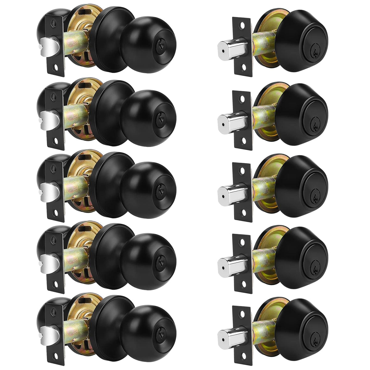 5 Pack Black Entry Door Knob and Double Cylinder Deadbolt Combo Pack, Keyed Alike Lock Set