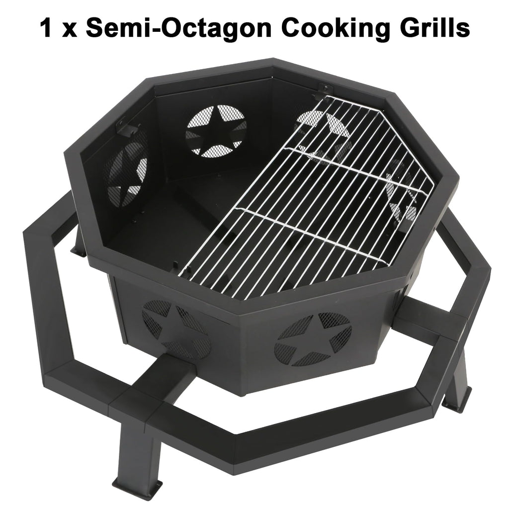 31 Inch Fire Pit, Octagonal Outdoor Fire Pit, 2 in 1 Wood Burning Fire Pits with Cooking Grill, Smokeless FirePit for
