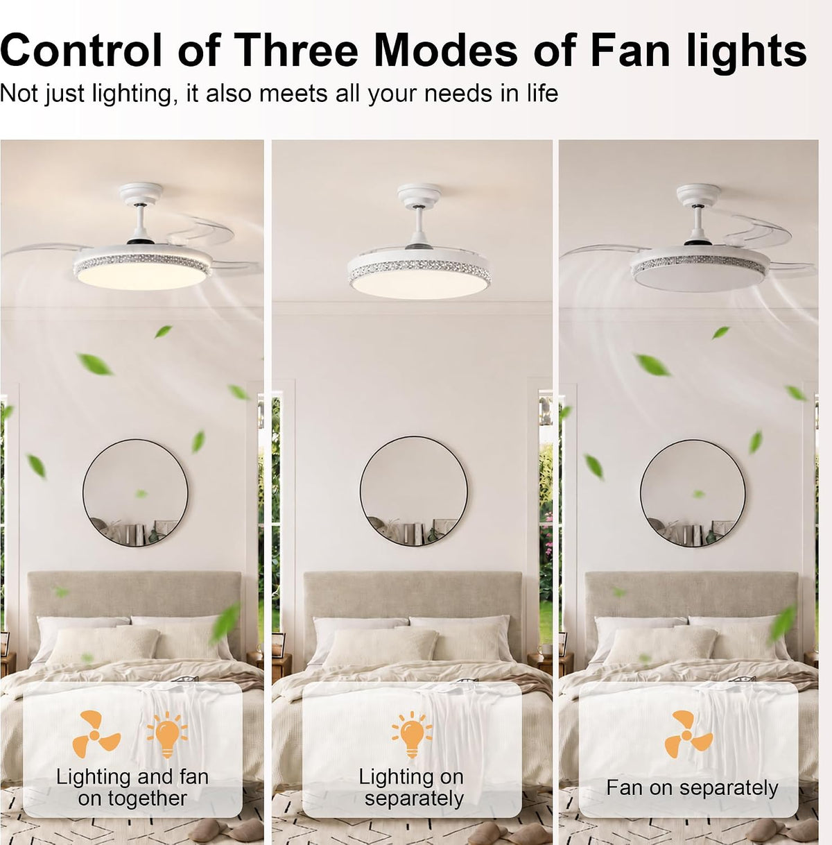 Retractable Ceiling Fan with Lights, 44 Inch, Remote, High CFM