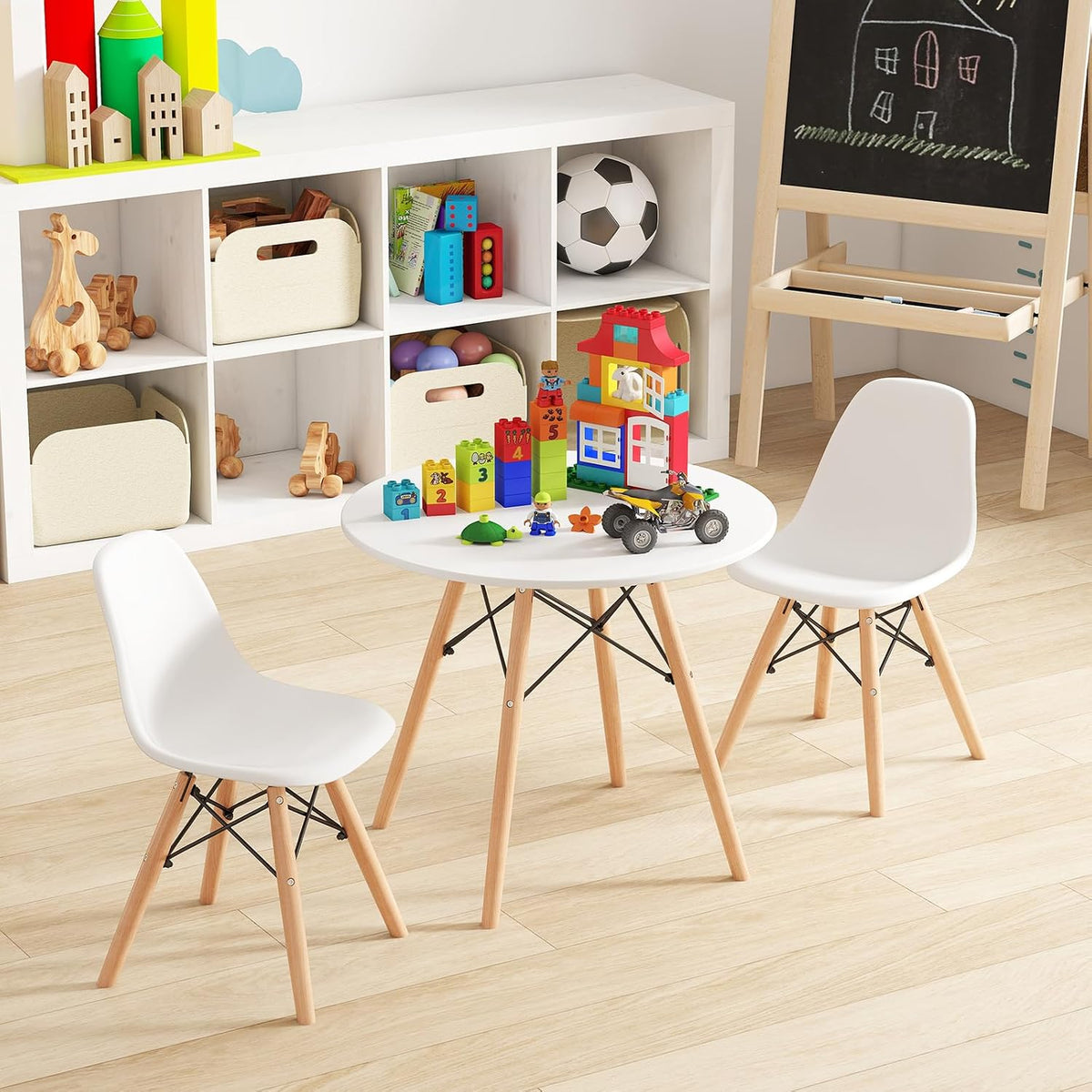 Kids Table and Chairs, 5 PCS Mid-Century Modern Style Kids Activity Set w/Wood Legs, Metal Frame, for Dining Drawing