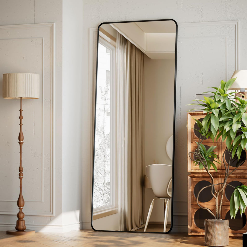65"x24" Floor Full Length Mirror Standing Full Body Rounded Corner Rectangle Mirrors with Stand Hanging Wall Mounted