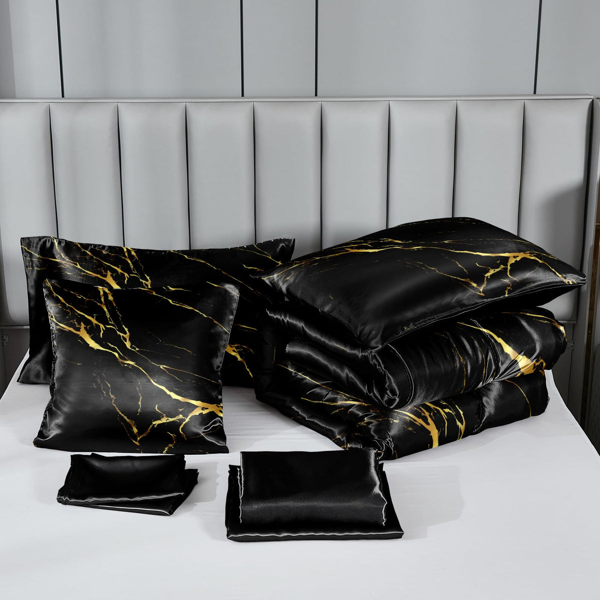 Black Gold Marble Comforter with Sheet Set 8 Pcs Bed in A Bag Satin Bedding Set Luxury Hotel Silky Bed