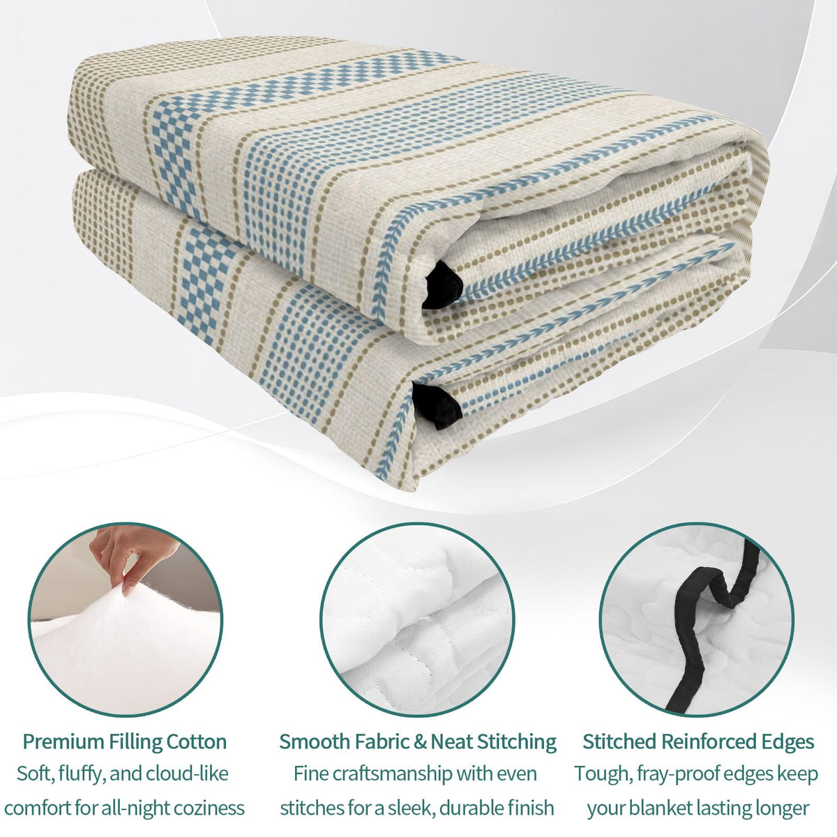 Vintage Striped Quilts Bedding Set Blue Brown Vertical Ticking Stripes French Country Lightweight Quilted