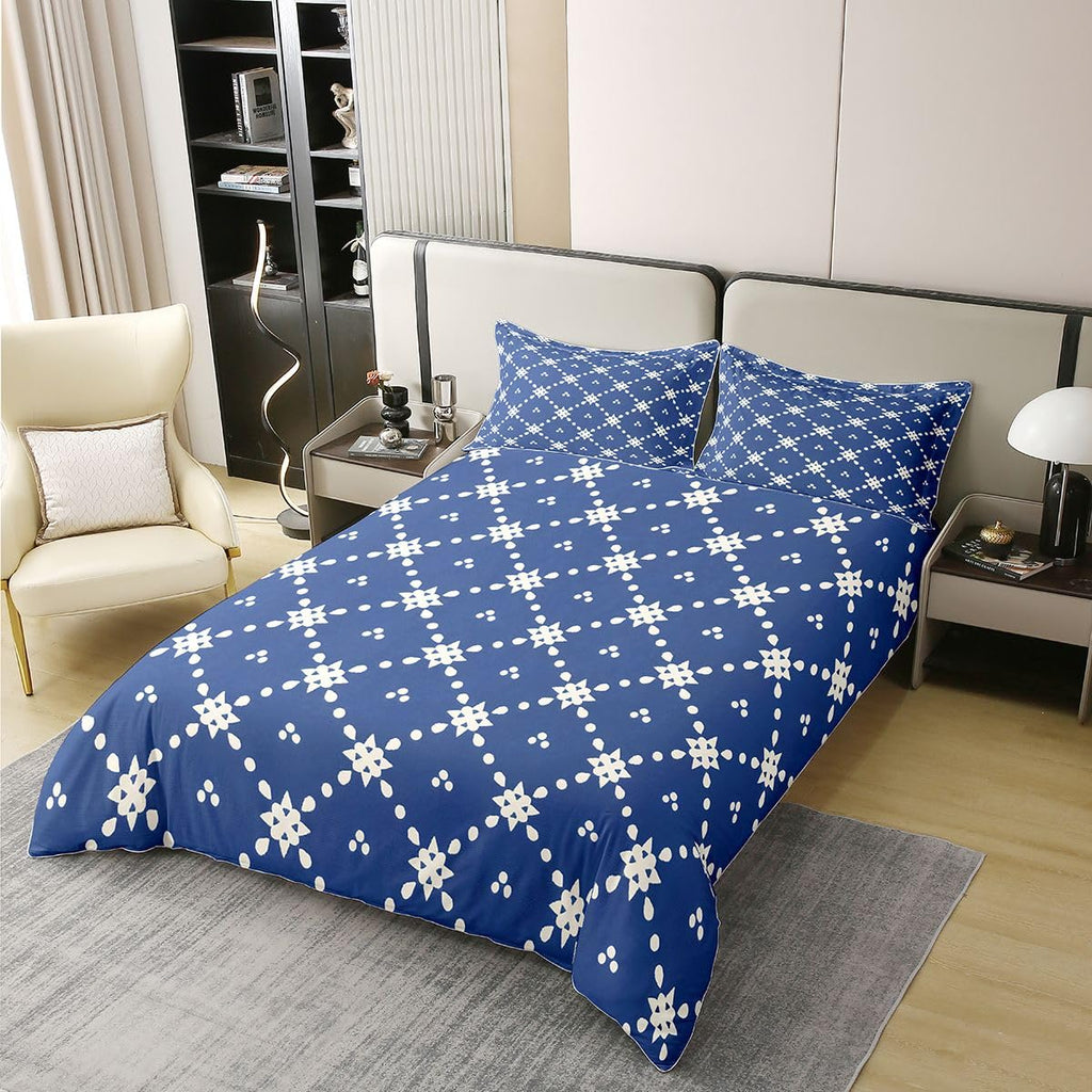 Navy Blue 100% Cotton Bedding Set Boho Floral Geometric Comforter Cover Modern Abstract Texture Duvet Cover