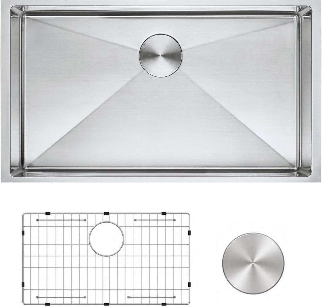 Modena 32-Inch Undermount Kitchen Sink - 32 x 19 x 10 in | 16 Gauge T304 Stainless Steel, Sound Guard, Sloped Bottom