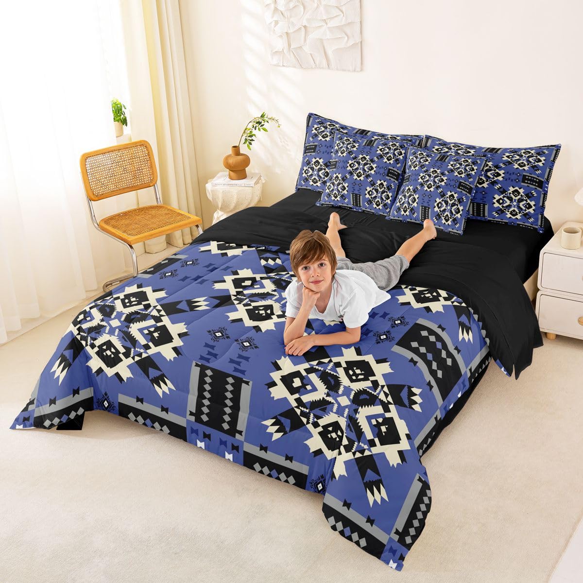 Navy Blue Southwestern Comforter Set 7-Piece Bed in a Bag
