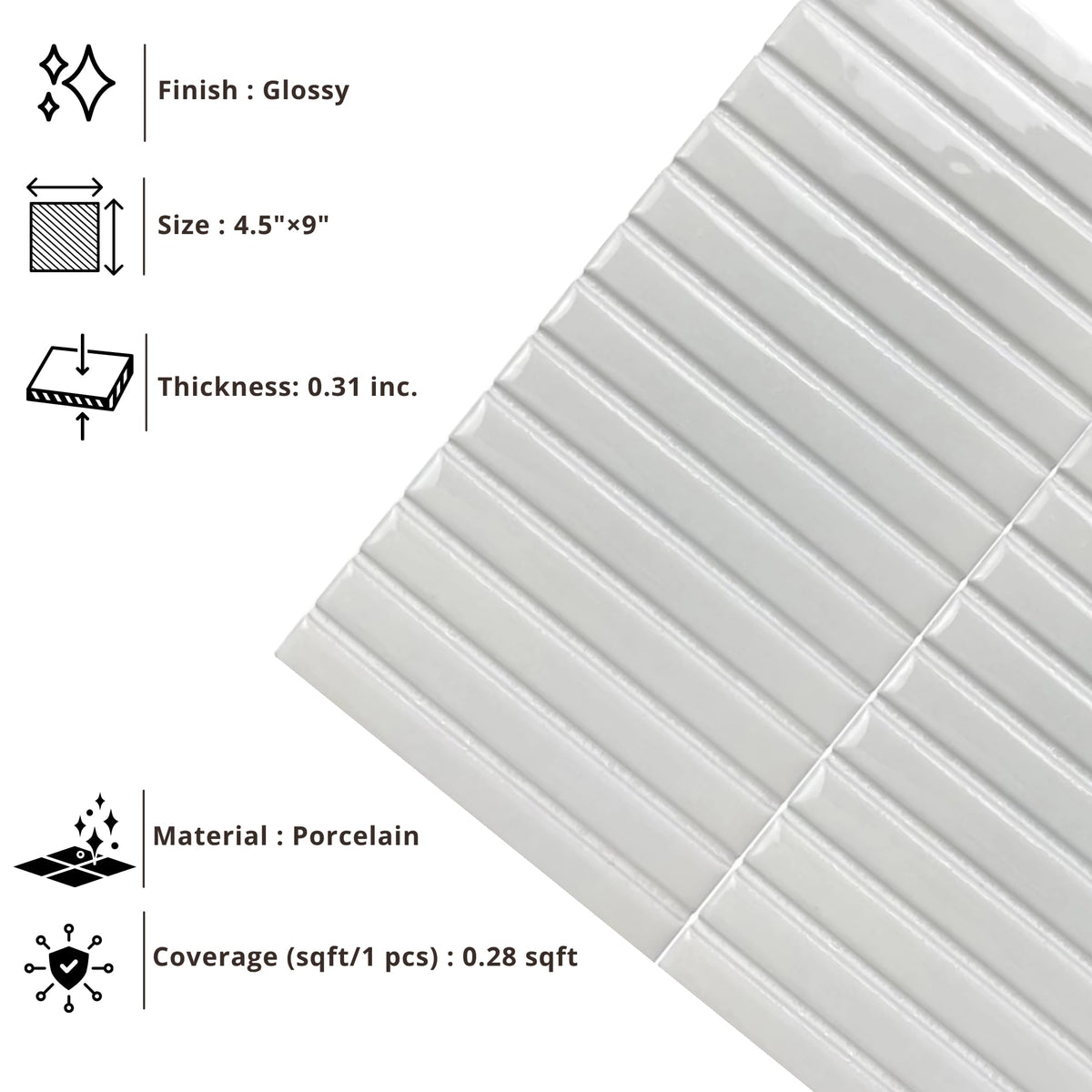 Scandia Glossy White 4.5x9 Ribbed Porcelain Wall Tile, 3D KitKat Fluted Decorative Tile Backsplash, Bathroom, Shower