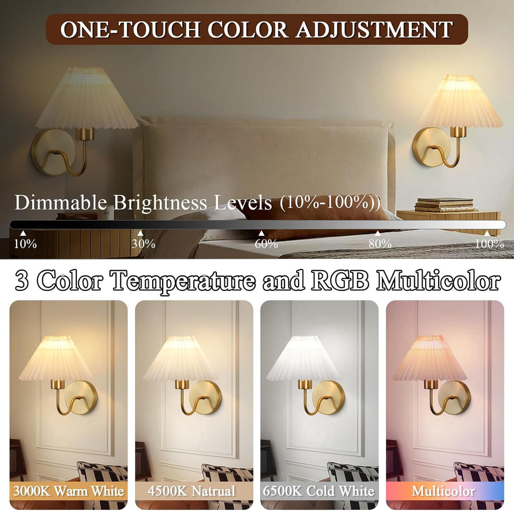 Wall Sconces Sets of 2 RGB Battery Operated Wall Sconces for Bedroom Dresser Classic Golden Wall Lamp with Remote for Living Room Bathroom Dining Room Corridor Staircase (2 Bulbs Included)