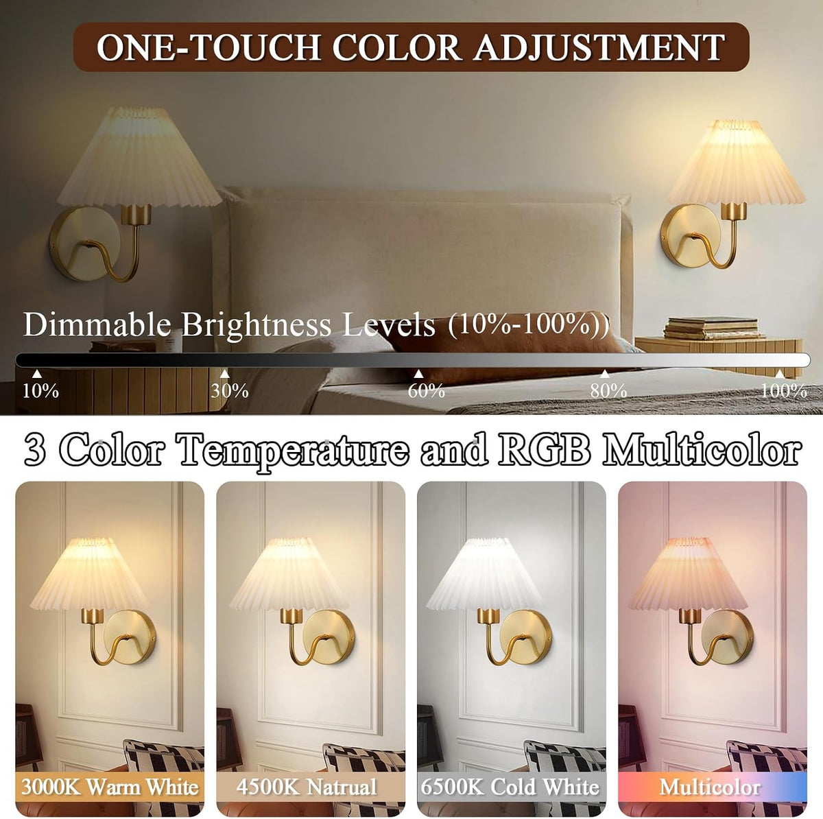 Wall Sconces Sets of 2 RGB Battery Operated Wall Sconces for Bedroom Dresser Classic Golden Wall Lamp with Remote for Living Room Bathroom Dining Room Corridor Staircase (2 Bulbs Included)