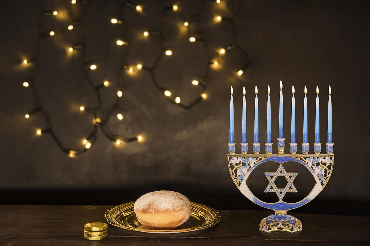 Hanukkah - Fits All Standard Chanukah Candles - Modern Jeweled Candle Menorahs for Chanukah - Blue Traditional Star