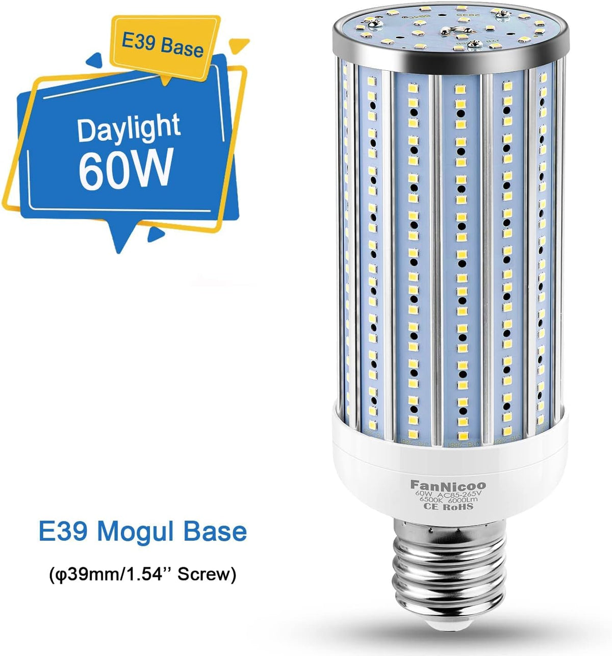 LED Corn Light Bulb 500W Equivalent 60W 6000Lumen 6500k E39 Mogul Base LED Corn Bulb Large Area Cool Daylight White