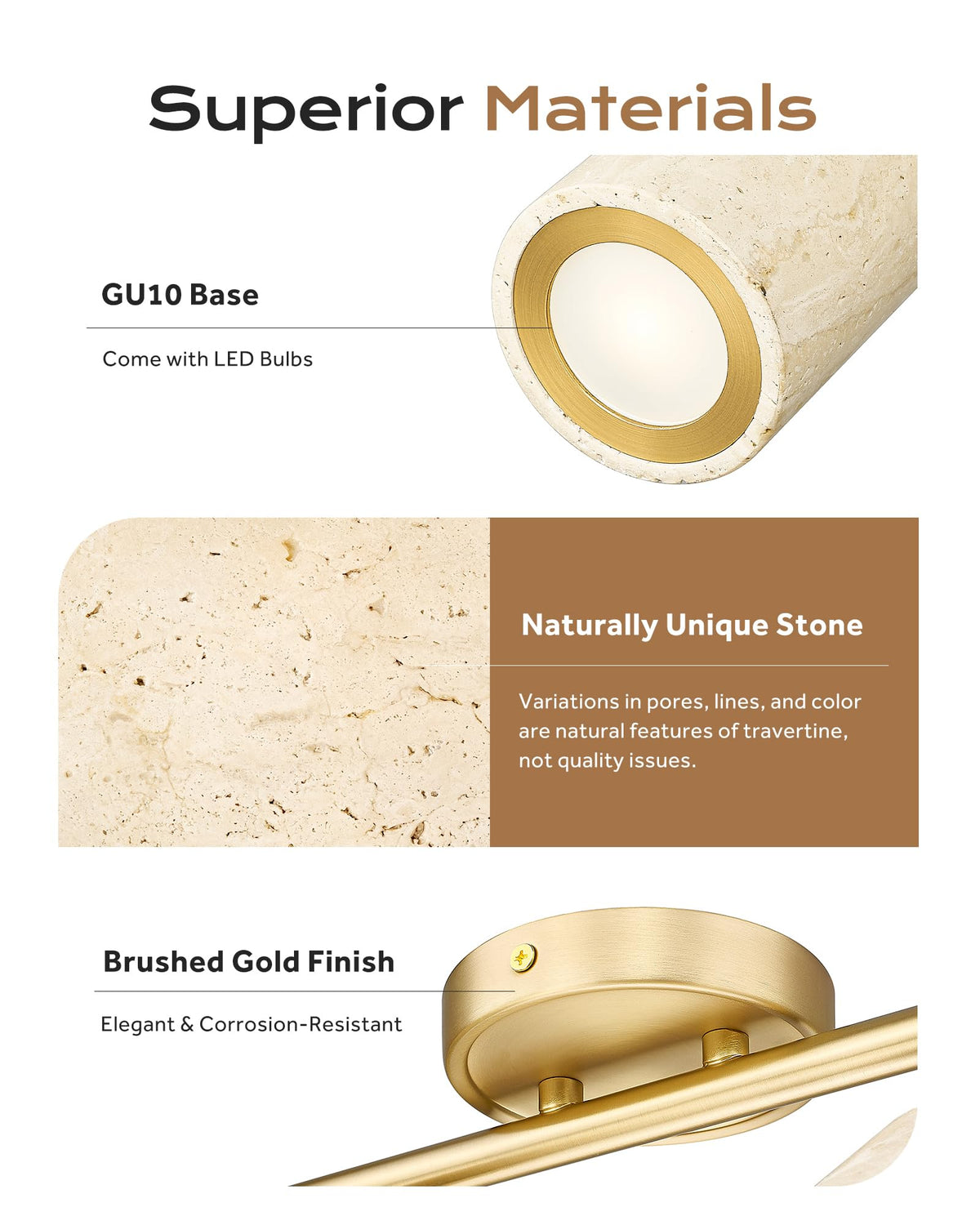 Natural Stone Track Lighting Kit, 3000K LED Track Lights Ceiling Mount, 44.5" Track Lighting Fixtures, Brushed Gold