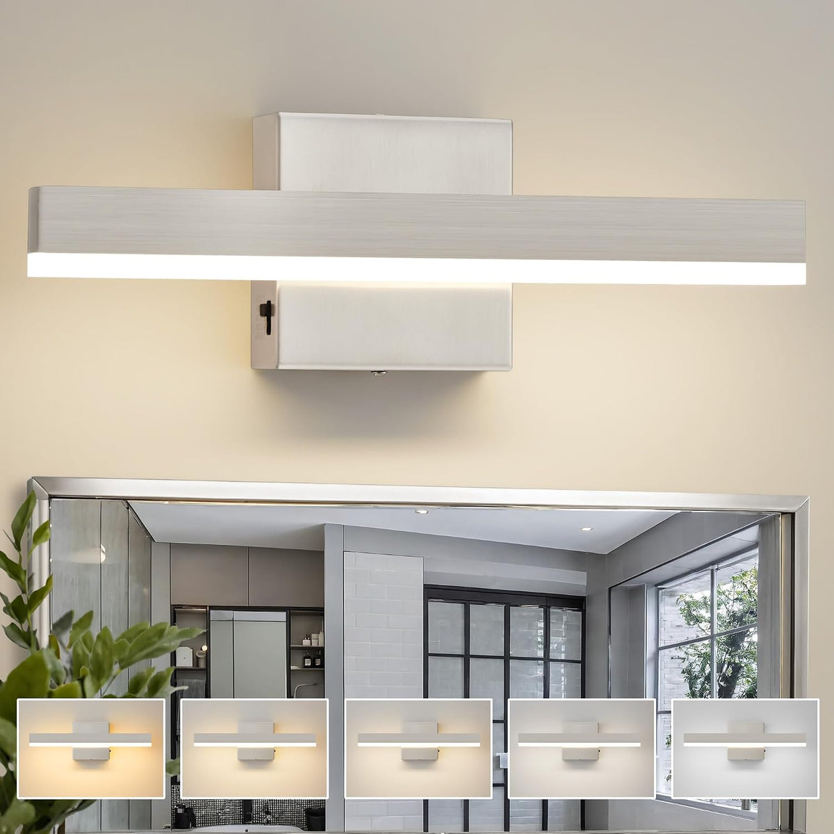 15.7-Inch Nickel LED Vanity Light, 20W Dimmable with Five Color Temps