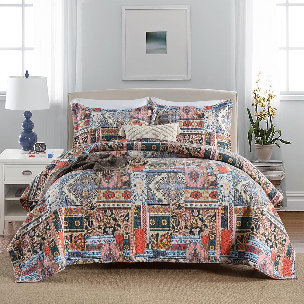 Cotton Bedspread Bohemain Quilt Sets, Reversible Coverlet Lightweight Comforters with 2 Shams, Vintage Farmhouse
