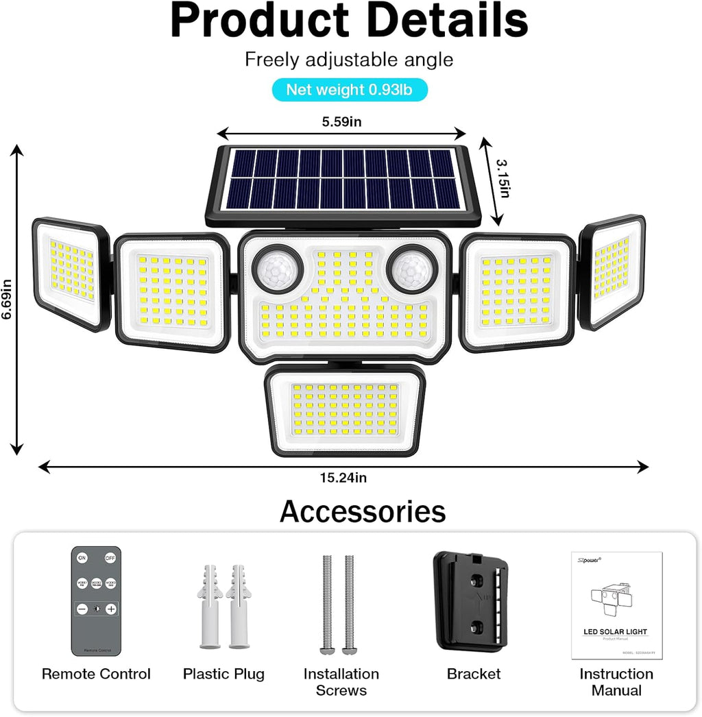 6000LM Solar Lights Outdoor Waterproof, 6 Heads Solar Flood Lights Outdoor with 2 Motion Sensor, 310 LED Motion Light