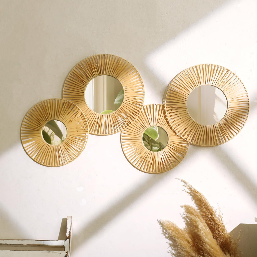 Hanging Baskets Wall Art with Mirror, 4Pcs Boho Wicker Wall Decor