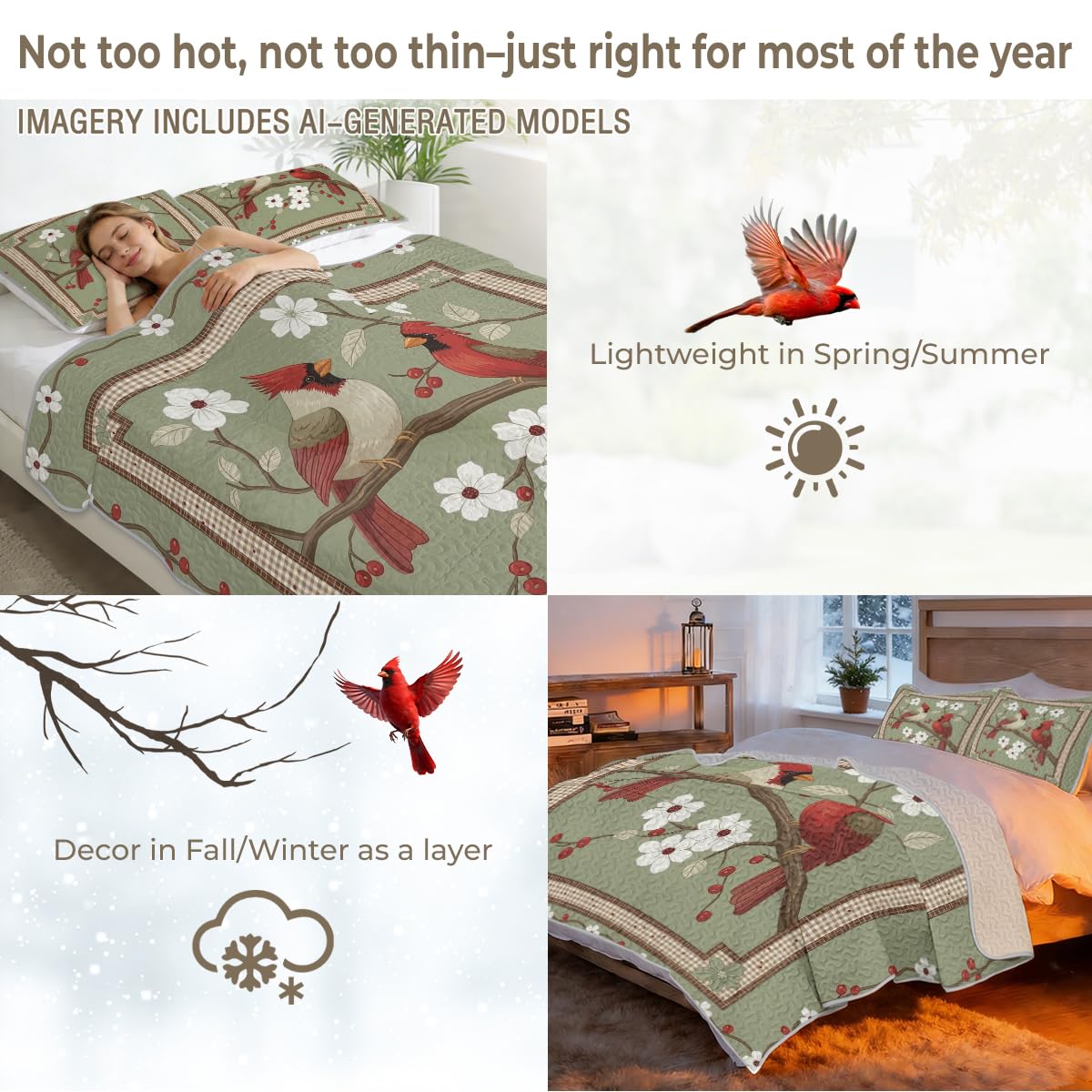 Cardinal Bird Quilt Set Size Farmhouse Floral Country Bedding with Sage Green Background Gingham Border