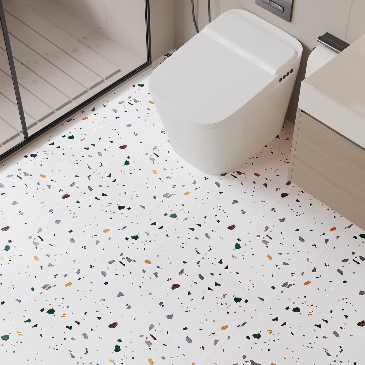 12"x12" 20 Pack Modern White Terrazzo Floor Tiles Peel and Stick Waterproof Bathroom Vinyl Flooring Sticky Tiles for