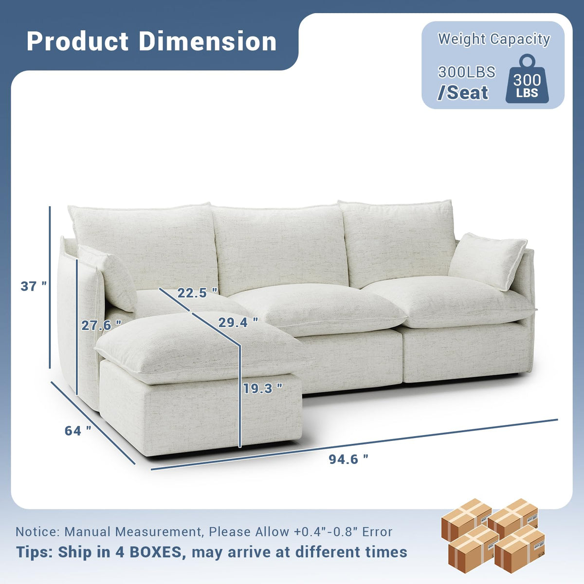 Cloud Modular Sectional Sofa, Waterproof 3 Seat Couch, Cream White